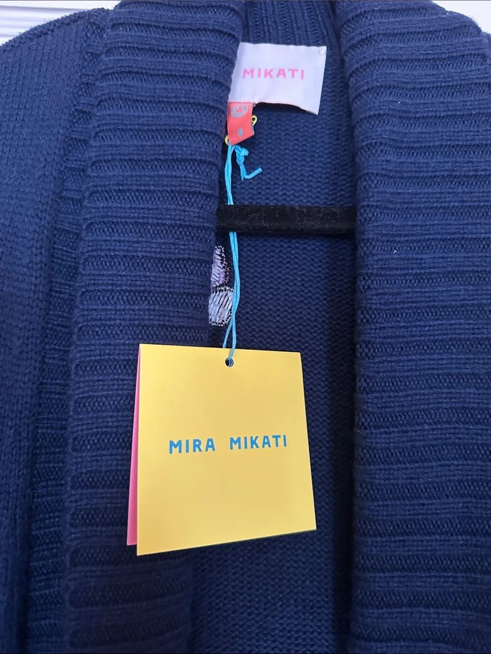 Mira Mikati Navy Ribbed Knit Cardigan with Yellow Tag Detail